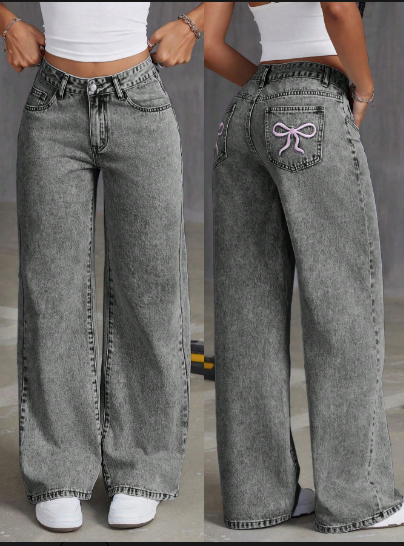 Dark Wash Bow Embroidered Wide Leg Jeans