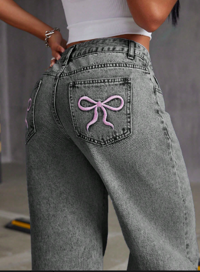 Dark Wash Bow Embroidered Wide Leg Jeans