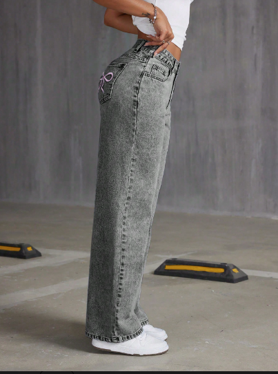 Dark Wash Bow Embroidered Wide Leg Jeans